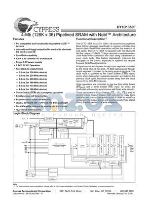 CY7C1350F-250BGC datasheet - 4-Mb (128K x 36) Pipelined SRAM with Nobl Architecture