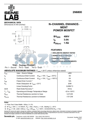 2N6800 datasheet - NCHANNEL ENHANCE-MENT POWER MOSFET