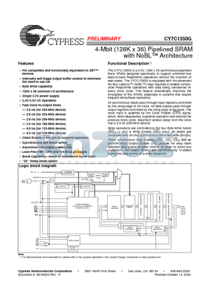 CY7C1350G-100BGC datasheet - 4-Mbit (128K x 36) Pipelined SRAM with NoBL Architecture