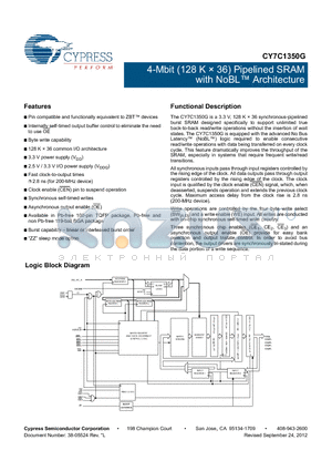 CY7C1350G-133AXI datasheet - 4-Mbit (128 K  36) Pipelined SRAM with NoBL Architecture