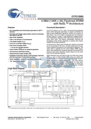 CY7C1350G-166BGC datasheet - 4-Mbit (128K x 36) Pipelined SRAM with NoBL Architecture