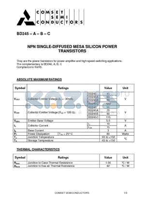 BD245C datasheet - NPN SINGLE-DIFFUSED MESA SILICON POWER TRANSISTORS