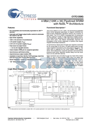 CY7C1350G-250BGXI datasheet - 4-Mbit (128K x 36) Pipelined SRAM with NoBL Architecture