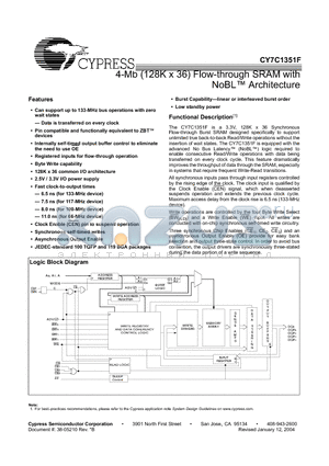 CY7C1351F-133BGC datasheet - 4-Mb (128K x 36) Flow-through SRAM with NoB TM Architecture