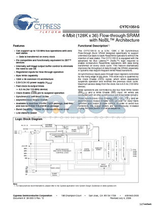 CY7C1351G-100BGXC datasheet - 4-Mbit (128K x 36) Flow-through SRAM with NoBL Architecture