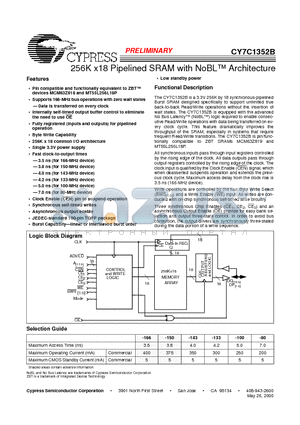 CY7C1352B datasheet - 256K x 18 Pipilined SRAm with NoBL Architecture