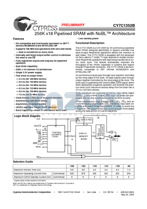 CY7C1352B-143AC datasheet - 256K x 18 Pipilined SRAm with NoBL Architecture