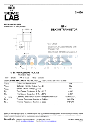 2N696 datasheet - NPN SILICON TRANSISTOR