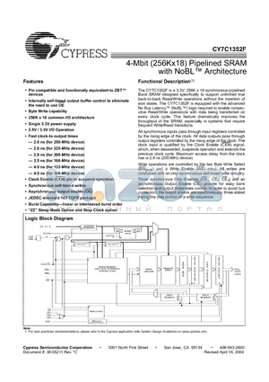 CY7C1352F-133AI datasheet - 4-Mbit (256Kx18) Pipelined SRAM with NoBL Architecture