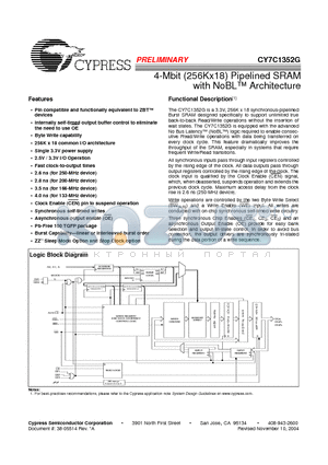 CY7C1352G-133AXI datasheet - 4-Mbit (256Kx18) Pipelined SRAM with NoBL Architecture