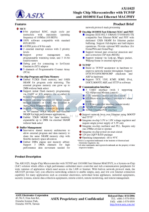 AX11025 datasheet - Single Chip Microcontroller with TCP/IP and 10/100M Fast Ethernet MAC/PHY