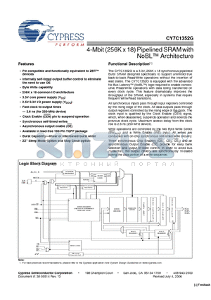 CY7C1352G-200AXC datasheet - 4-Mbit (256K x 18) Pipelined SRAM with NoBL Architecture