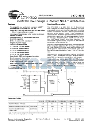 CY7C1353B-50BGC datasheet - 256Kx18 Flow-Through SRAM with NoBL Architecture