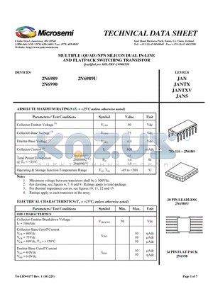 2N6989 datasheet - MULTIPLE (QUAD) NPN SILICON DUAL IN-LINE