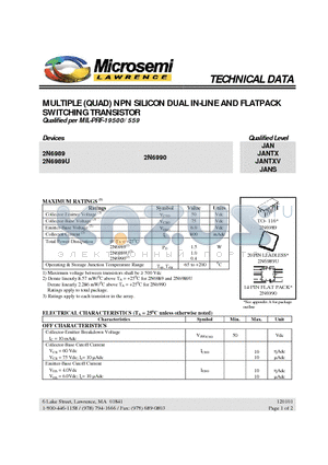 2N6989U datasheet - MULTIPLE (QUAD) NPN SILICON DUAL IN-LINE AND FLATPACK SWITCHING TRANSISTOR