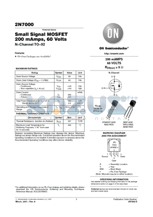 2N7000RLRMG datasheet - Small Signal MOSFET 200 mAmps, 60 Volts N−Channel TO−92 200 mAMPS 60 VOLTS