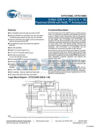 CY7C1354C datasheet - 9-Mbit (256 K  36/512 K  18) Pipelined SRAM with NoBL Architecture
