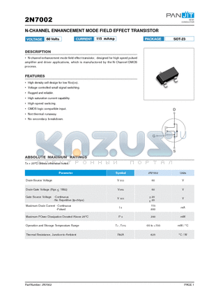 2N7002 datasheet - N-CHANNEL ENHANCEMENT MODE FIELD EFFECT TRANSISTOR