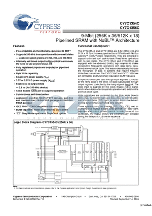 CY7C1354C-250BGXI datasheet - 9-Mbit (256K x 36/512K x 18) Pipelined SRAM with NoBL Architecture