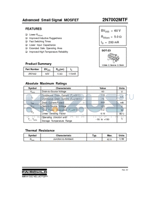 2N7002 datasheet - Advanced Small Signal MOSFET