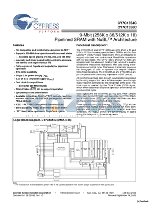 CY7C1354C-200BGXI datasheet - 9-Mbit (256K x 36/512K x 18) Pipelined SRAM with NoBL Architecture