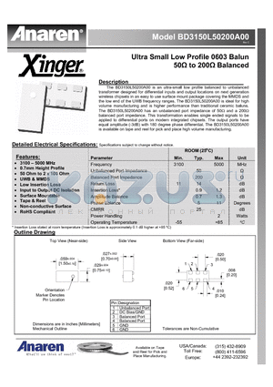 BD3150L50200A00 datasheet - Ultra Small Low Profile 0603 Balun 50Y to 200Y Balanced