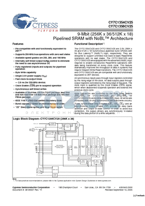 CY7C1354CV25-166BZI datasheet - 9-Mbit (256K x 36/512K x 18) Pipelined SRAM with NoBL Architecture