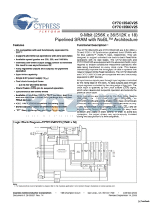 CY7C1354CV25-166BZXI datasheet - 9-Mbit (256K x 36/512K x 18) Pipelined SRAM with NoBL Architecture