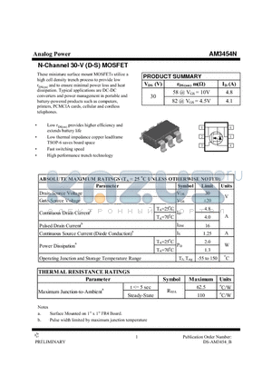 AM3454N datasheet - N-Channel 30-V (D-S) MOSFET