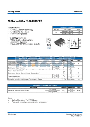 AM3458N datasheet - N-Channel 60-V (D-S) MOSFET