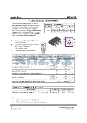 AM3402N datasheet - N-Channel Logic Level MOSFET