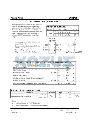 AM3472N datasheet - N-Channel 100V (D-S) MOSFET