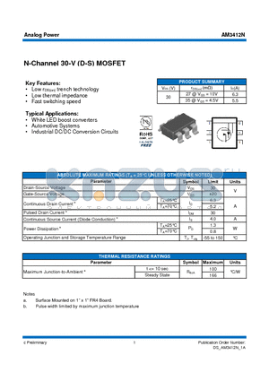 AM3412N datasheet - N-Channel 30-V (D-S) MOSFET