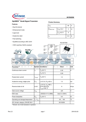 2N7002DW datasheet - OptiMOS Small-Signal-Transistor