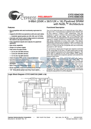 CY7C1354CV25-225BGC datasheet - 9-Mbit ( 256K x 36/512K x 18 ) Pipelined SRAM with NoBL-TM Architecture