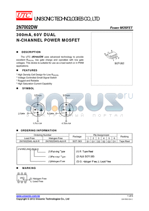 2N7002DW datasheet - 300mA, 60V DUAL N-CHANNEL POWER MOSFET