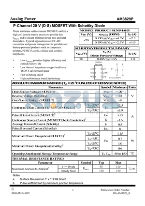 AM3829P datasheet - P-Channel 20-V (D-S) MOSFET With Schottky Diode