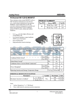 AM3940N datasheet - N-Channel 40-V (D-S) MOSFET