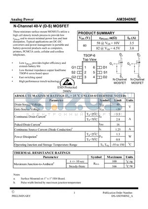 AM3940NE datasheet - N-Channel 40-V (D-S) MOSFET