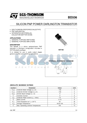 BD336 datasheet - SILICON PNP POWER DARLINGTON TRANSISTOR