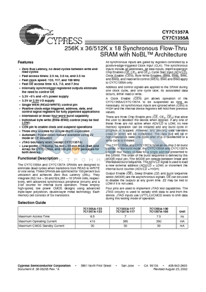 CY7C1355A-100AC datasheet - 256K x 36/512K x 18 Synchronous Flow-Thru SRAM with NoBL Architecture