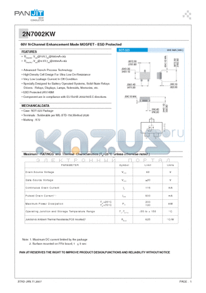 2N7002KW datasheet - 60V N-Channel Enhancement Mode MOSFET - ESD Protected