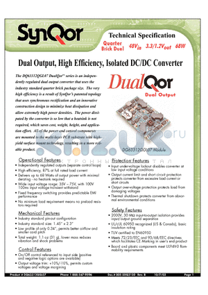DQ63312QGL07NNT datasheet - Dual Output, High Efficiency, Isolated DC/DC Converter