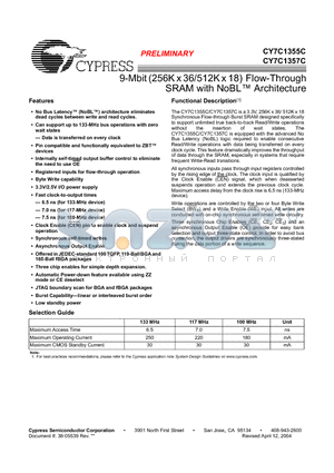 CY7C1355C-117BZC datasheet - 9-Mbit (256K x 36/512K x 18) Flow-Through SRAM with NoBL Architecture