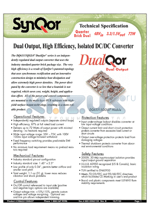 DQ63315QGL07 datasheet - Dual Output, High Efficiency, Isolated DC/DC Converter