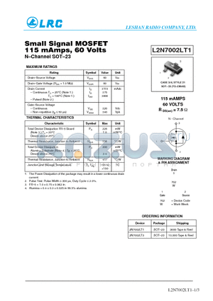 2N7002LT1 datasheet - Small Signal MOSFET 115 mAmps, 60 Volts