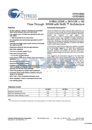 CY7C1355C-133BGXC datasheet - 9-Mbit (256K x 36/512K x 18) Flow-Through SRAM with NoBL Architecture