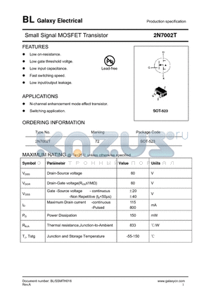 2N7002T datasheet - Small Signal MOSFET Transistor