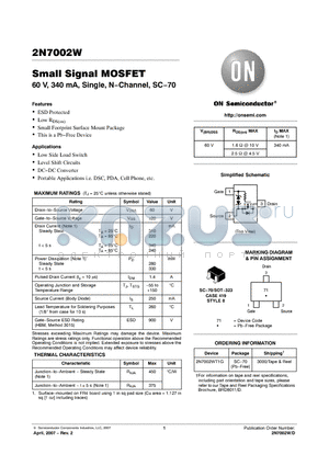 2N7002W datasheet - Small Signal MOSFET 60 V, 340 mA, Single, N−Channel, SC−70