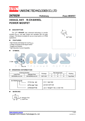 2N7002W datasheet - 300mA, 60V N-CHANNEL POWER MOSFET